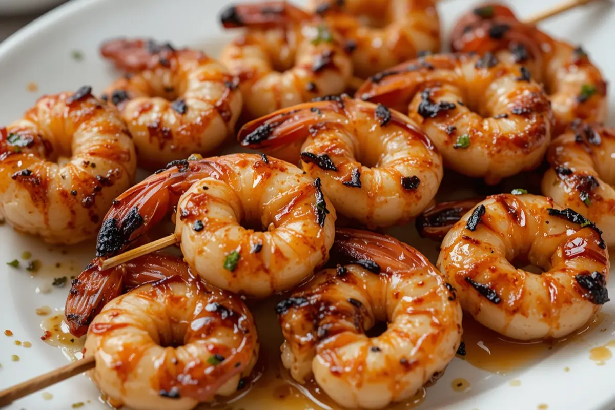 Grilled shrimp skewers with honey garlic glaze