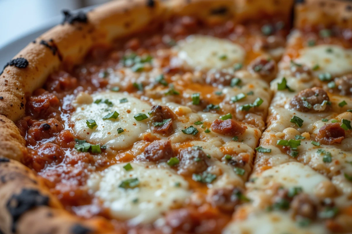 Birria pizza with melted cheese and consomé