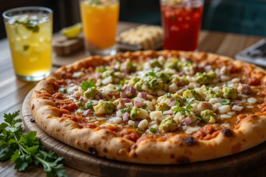 Birria pizza served with elote, guacamole, and drinks