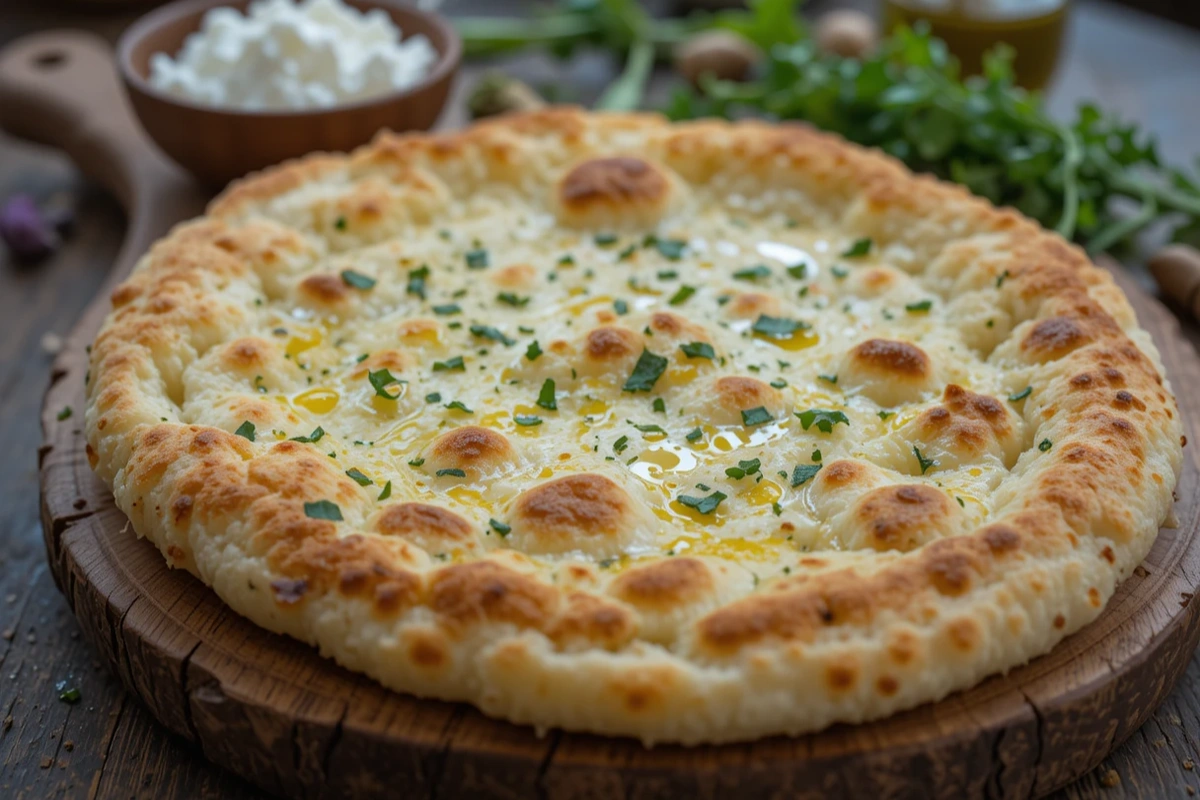 Freshly baked cottage cheese flatbread on a wooden board