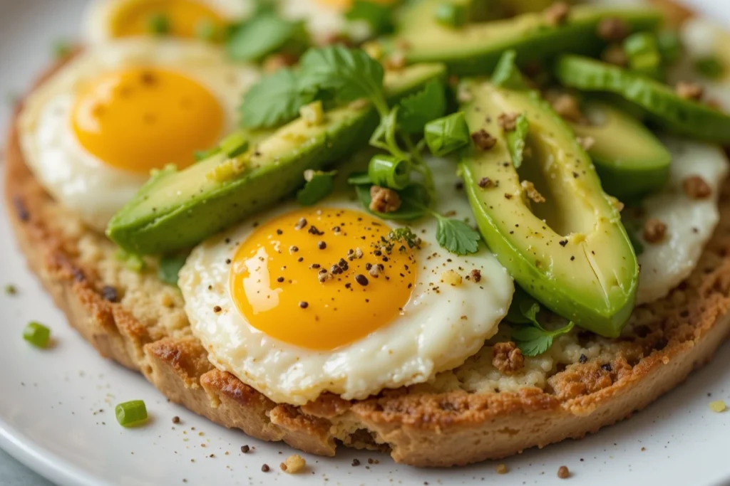 High-protein cottage cheese flatbread with avocado and eggs