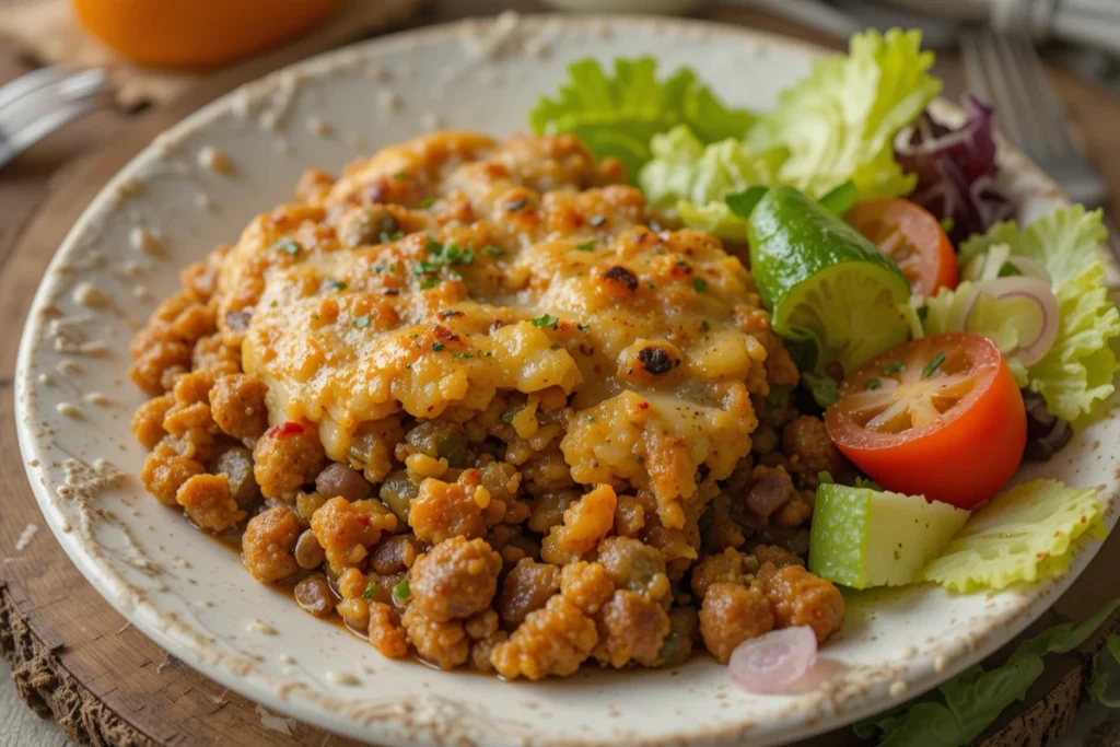 Cowboy casserole served with a fresh salad