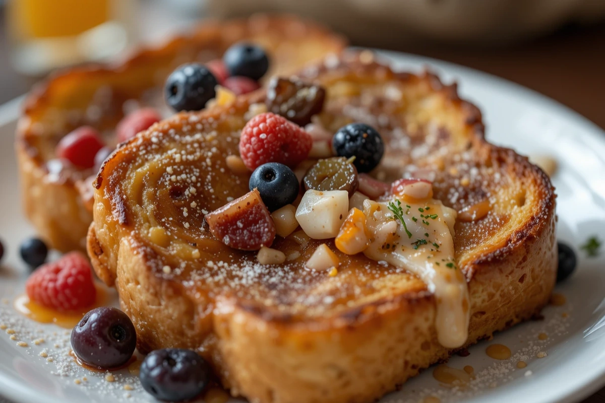 Golden-brown sourdough French toast drizzled with maple syrup.