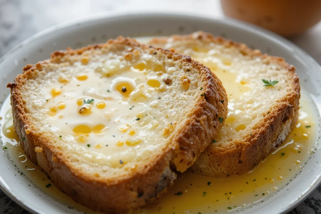 Thick sourdough bread soaking in a creamy custard mixture.