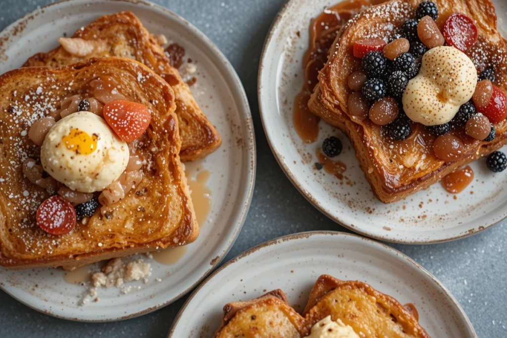 Three plates of sourdough French toast with different toppings.