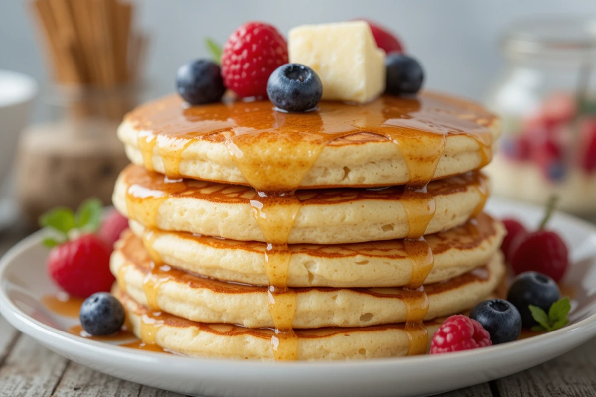 Stack of fluffy cottage cheese pancakes with berries and syrup.