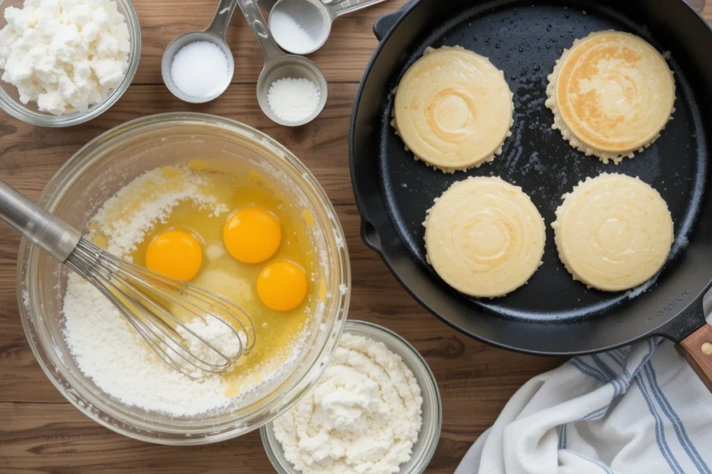 Mixing ingredients for cottage cheese pancakes on a wooden countertop.