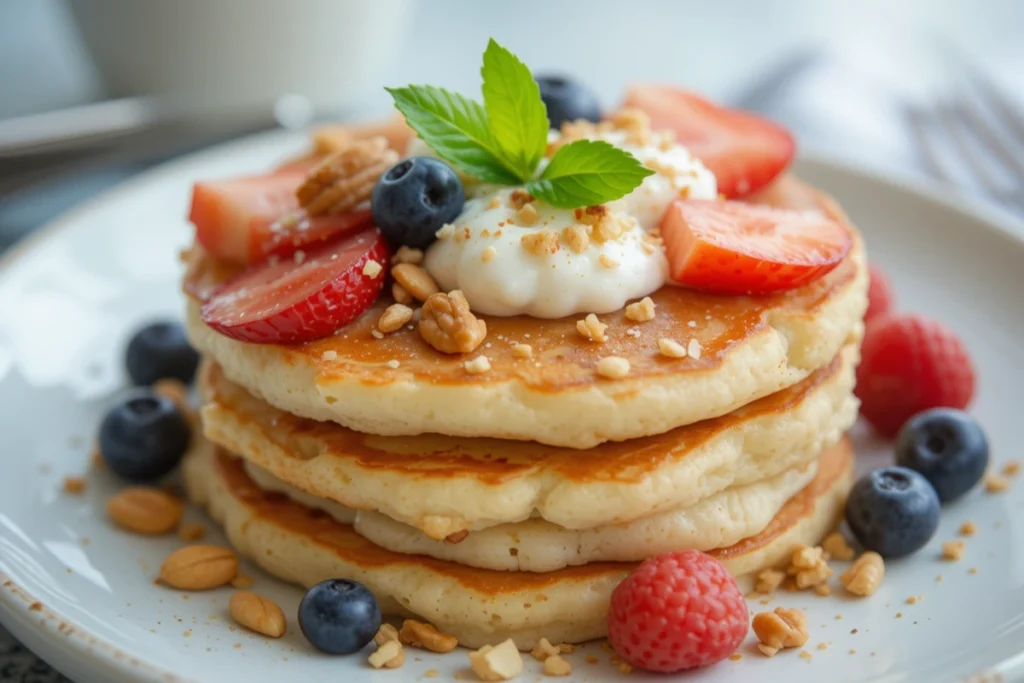 Cottage cheese pancakes topped with yogurt, nuts, and fruit.