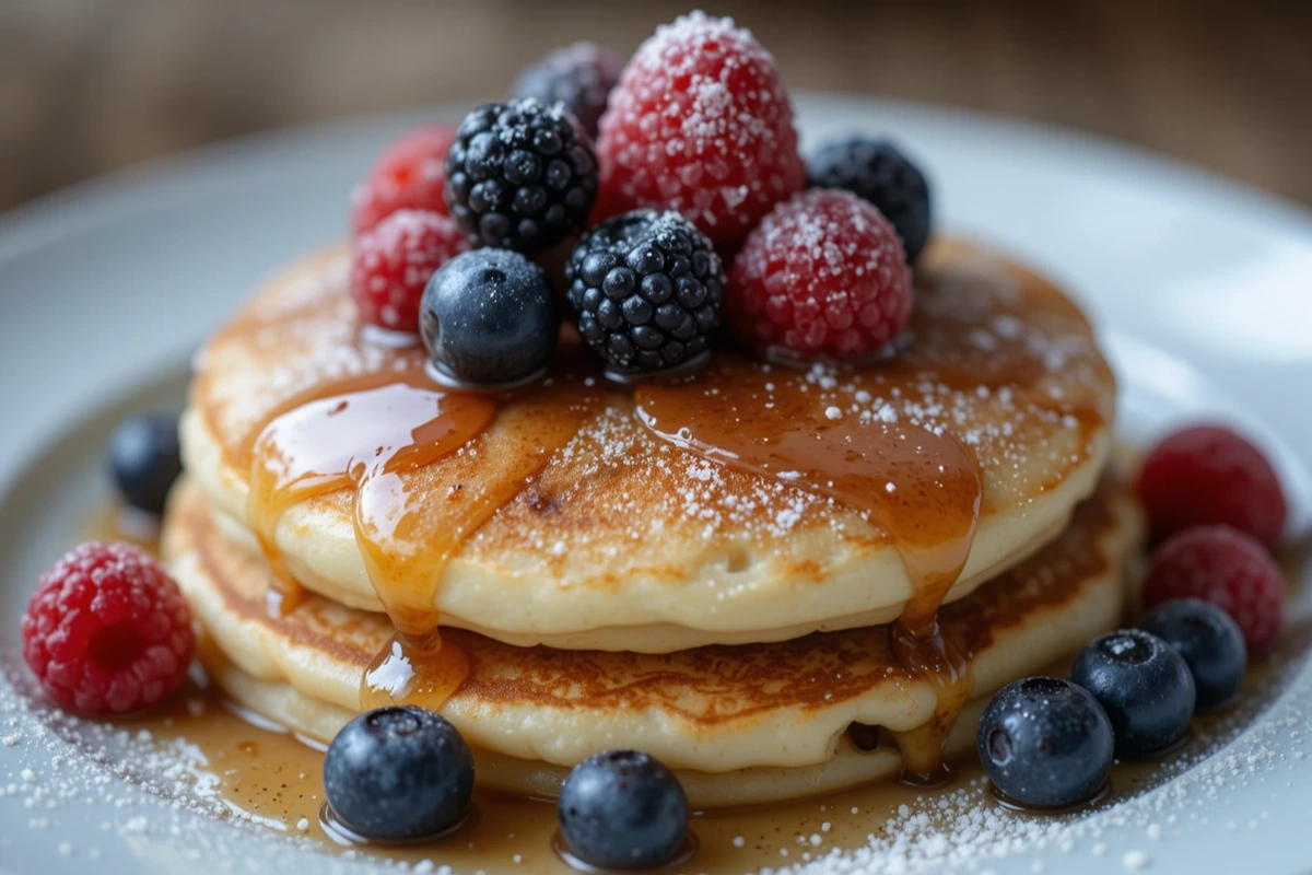 A stack of fluffy cottage cheese pancakes topped with berries and syrup.