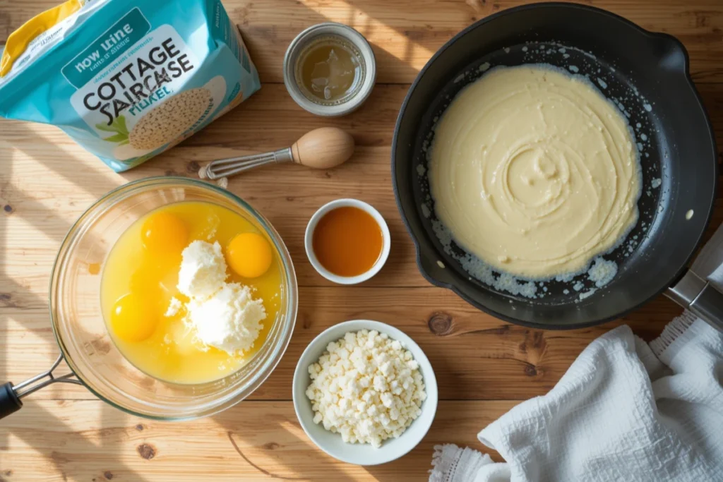 Ingredients for making cottage cheese pancakes on a kitchen counter