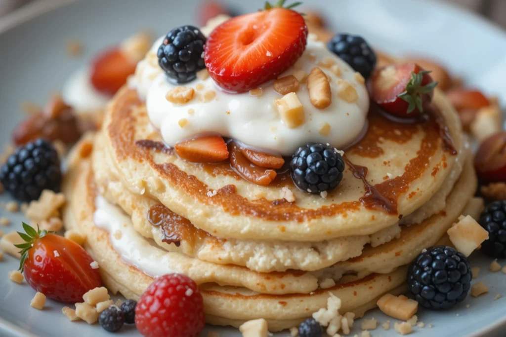 Cottage cheese pancakes served with yogurt, nuts, and fresh fruit