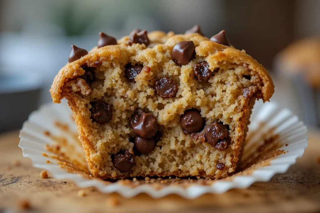 Close-up of a chocolate chip muffin interior