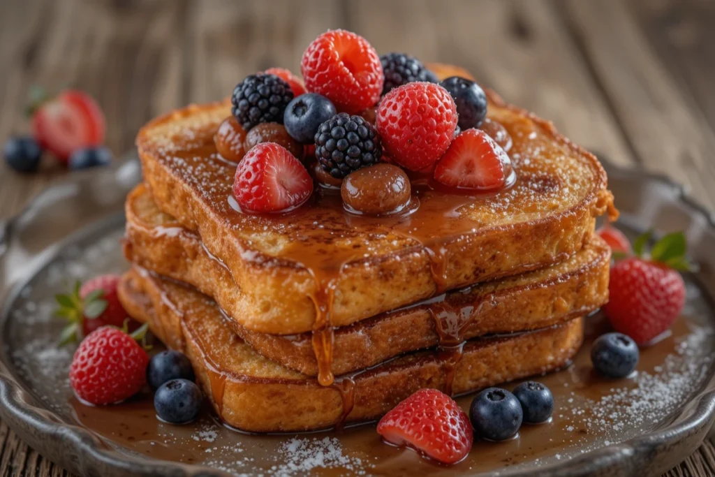 Golden brown French toast without eggs topped with syrup and berries