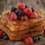 Golden brown French toast without eggs topped with syrup and berries