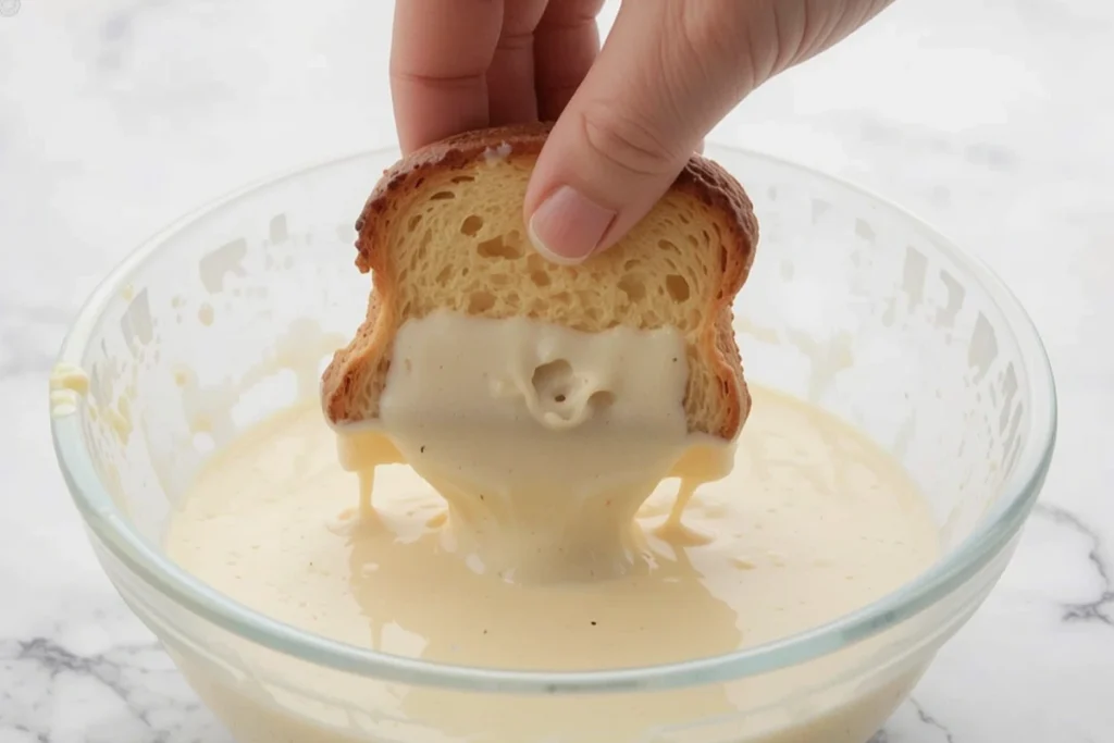 Dipping bread into egg-free batter for French toast