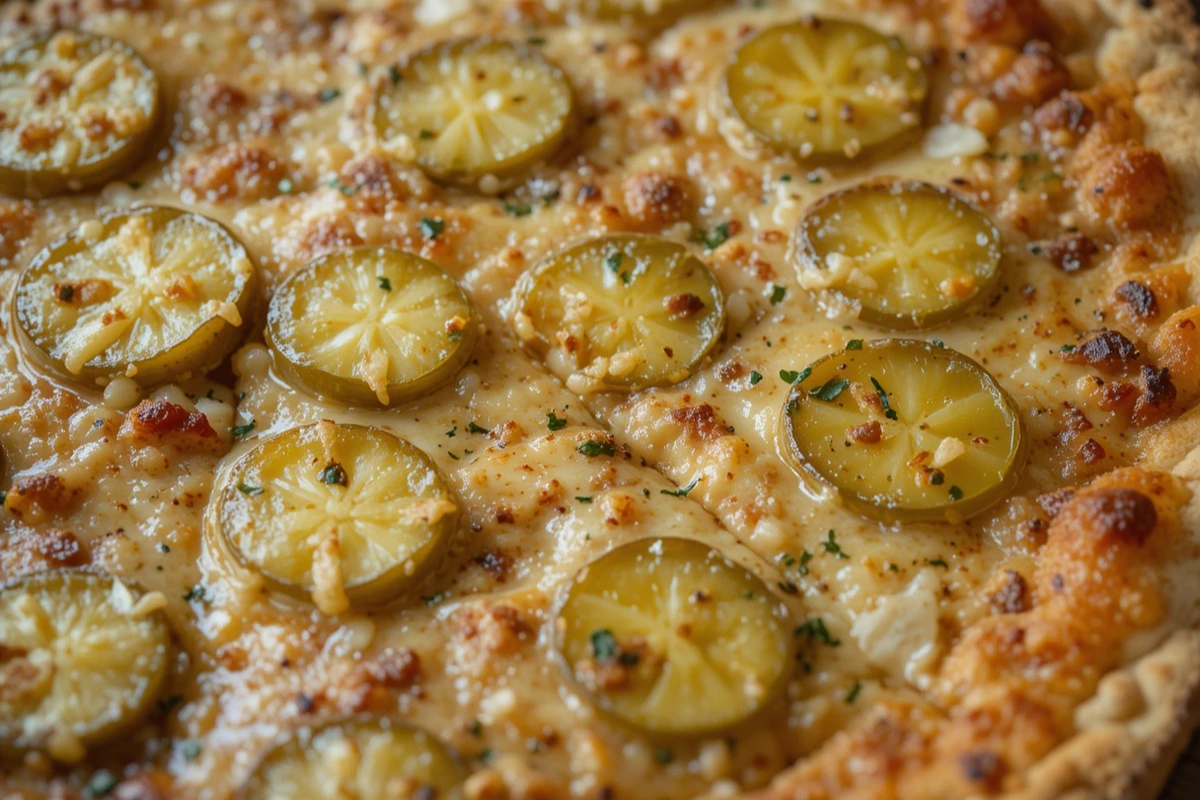 A delicious pickle pie pizza on a wooden board with fresh dill and mozzarella.