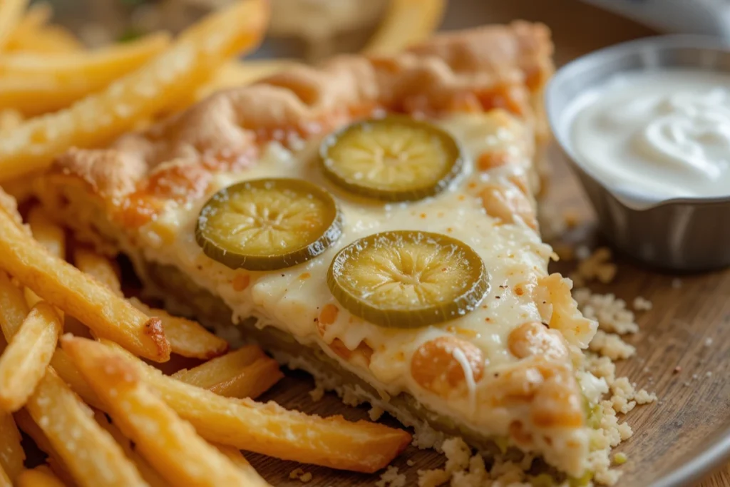 A slice of pickle pie pizza with fries and ranch dressing on the side.