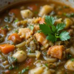 A rustic bowl of traditional porcupine soup garnished with fresh herbs.