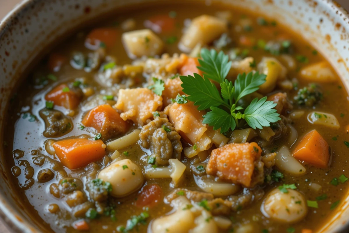 A rustic bowl of traditional porcupine soup garnished with fresh herbs.