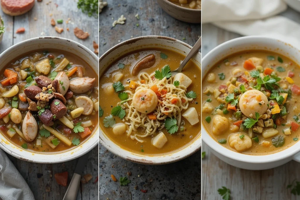 Three different variations of porcupine soup using alternative ingredients.