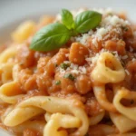 Trecce pasta served with tomato basil sauce and parmesan