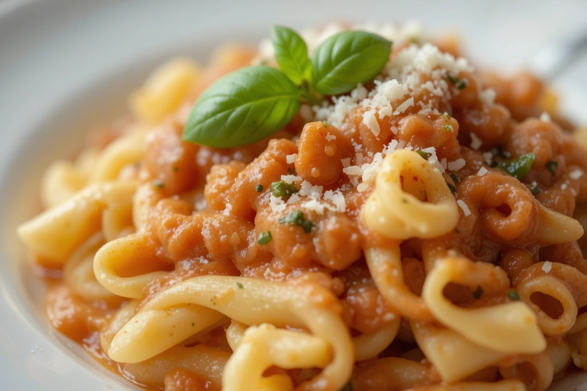 Trecce pasta served with tomato basil sauce and parmesan