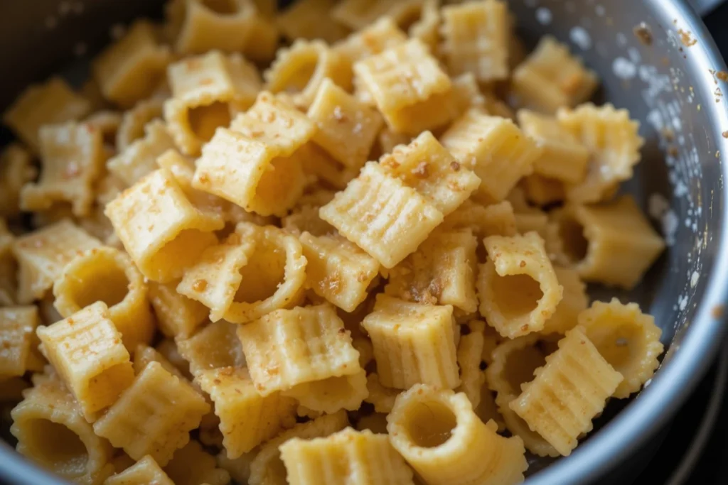 Uncooked trecce pasta on a wooden board with semolina flour