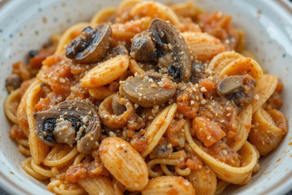 Trecce pasta in creamy tomato sauce with mushrooms, served in a ceramic bowl.