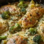 Skillet Chicken Divan in a cast-iron pan with melted cheese and broccoli.