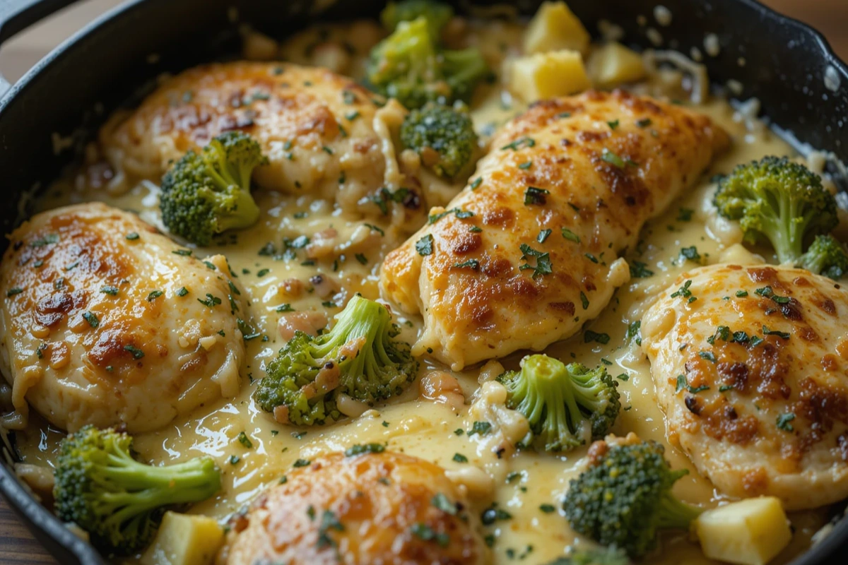 Skillet Chicken Divan in a cast-iron pan with melted cheese and broccoli.