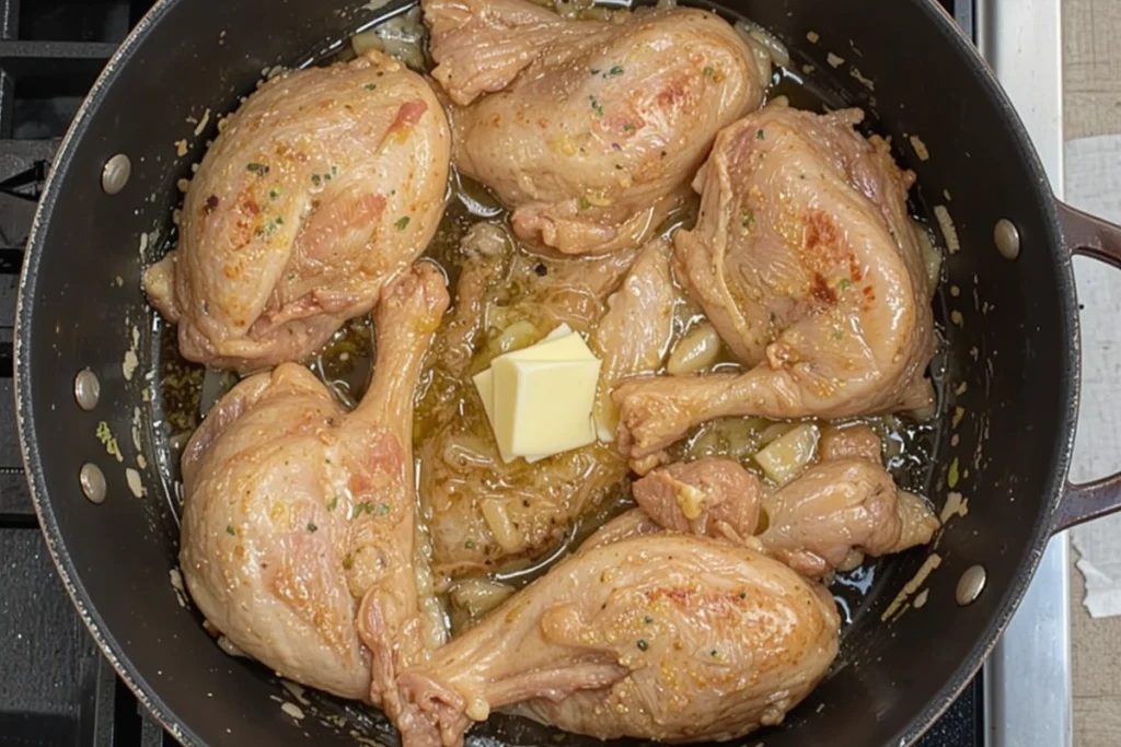 Cooking chicken in a skillet with butter on a stovetop.