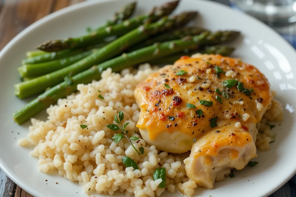 Plated skillet chicken divan with rice and roasted asparagus.